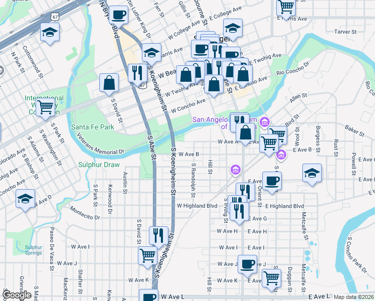 map of restaurants, bars, coffee shops, grocery stores, and more near 325 West Avenue B in San Angelo