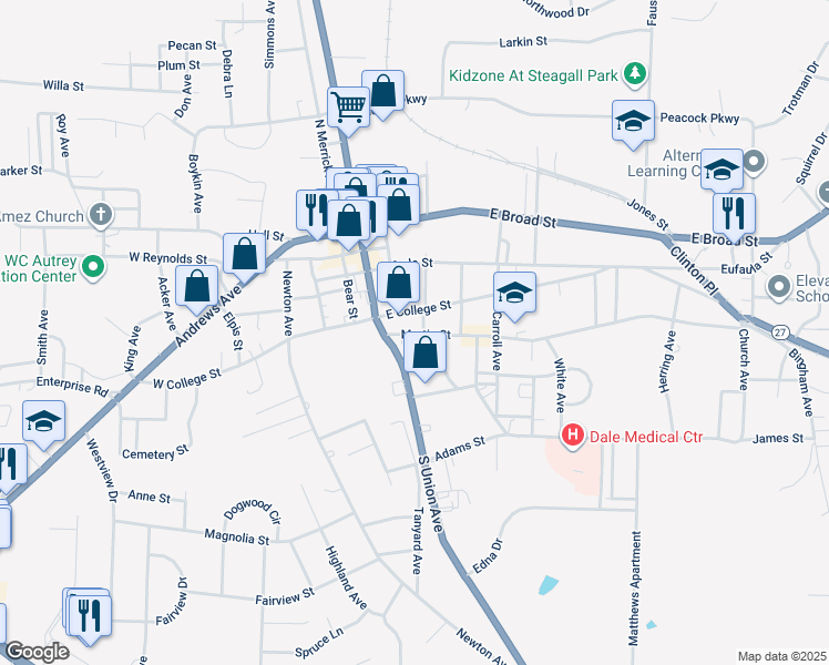 map of restaurants, bars, coffee shops, grocery stores, and more near 182 Martin Street in Ozark