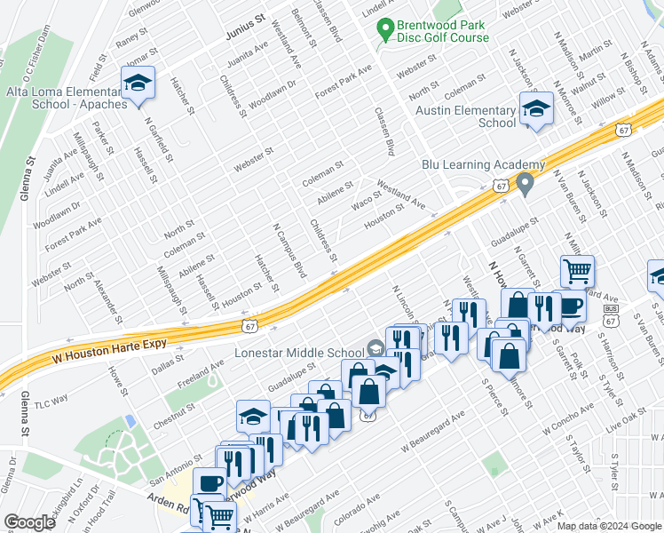 map of restaurants, bars, coffee shops, grocery stores, and more near 607 Childress Street in San Angelo