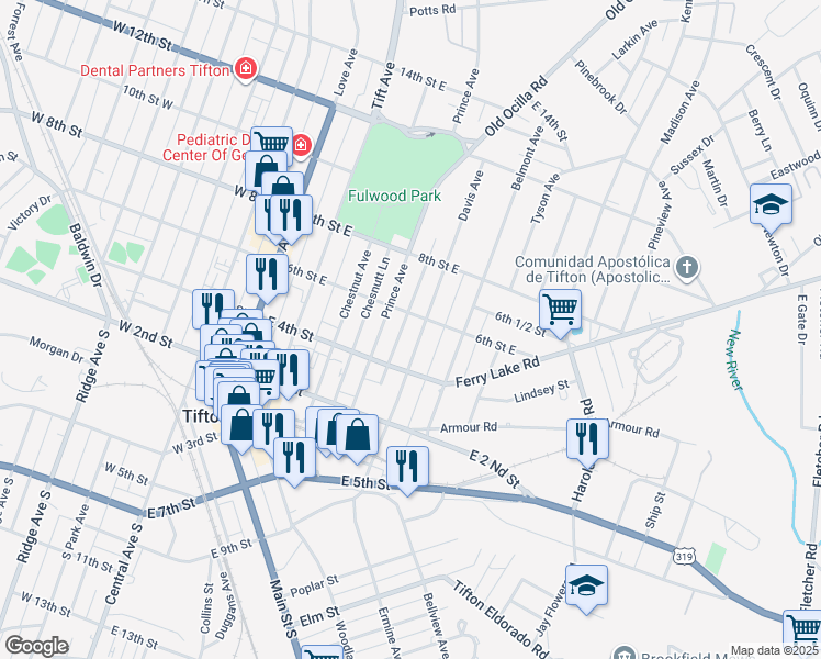 map of restaurants, bars, coffee shops, grocery stores, and more near 409 Davis Avenue in Tifton