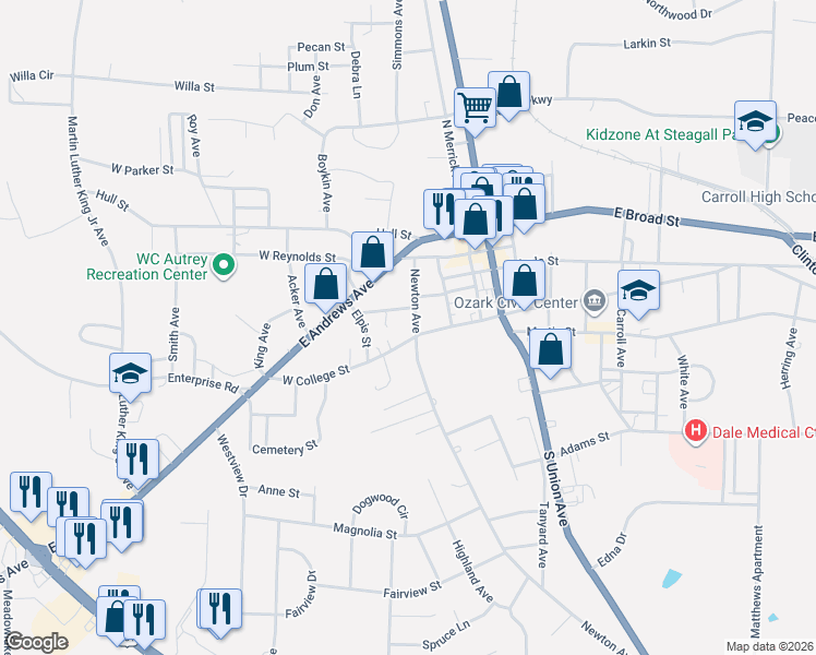 map of restaurants, bars, coffee shops, grocery stores, and more near 400 West College Street in Ozark