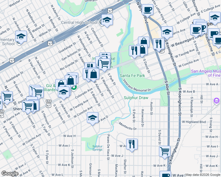 map of restaurants, bars, coffee shops, grocery stores, and more near 323 South Washington Street in San Angelo