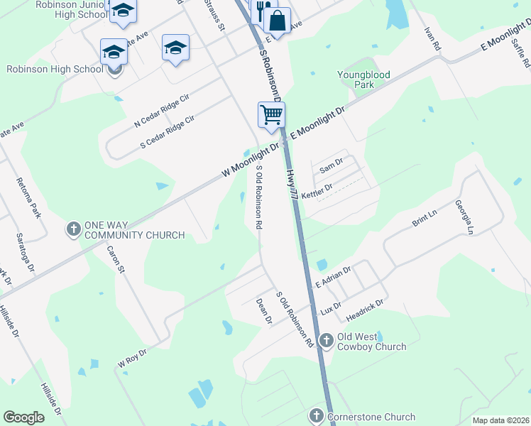 map of restaurants, bars, coffee shops, grocery stores, and more near 1045 South Old Robinson Road in Robinson