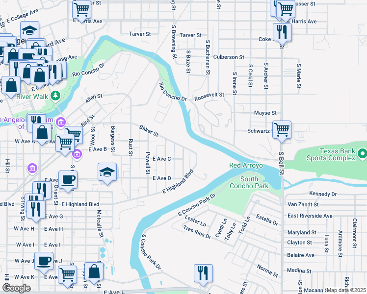 map of restaurants, bars, coffee shops, grocery stores, and more near 600 Spencer Street in San Angelo