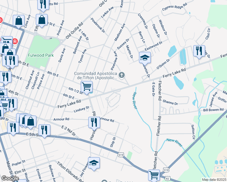map of restaurants, bars, coffee shops, grocery stores, and more near 482 Ferry Lake Road in Tifton