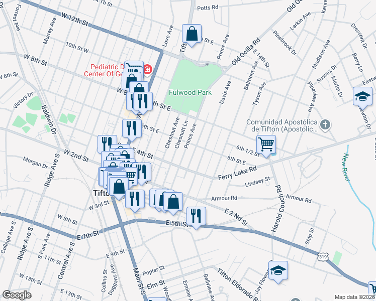 map of restaurants, bars, coffee shops, grocery stores, and more near 420 Prince Avenue in Tifton