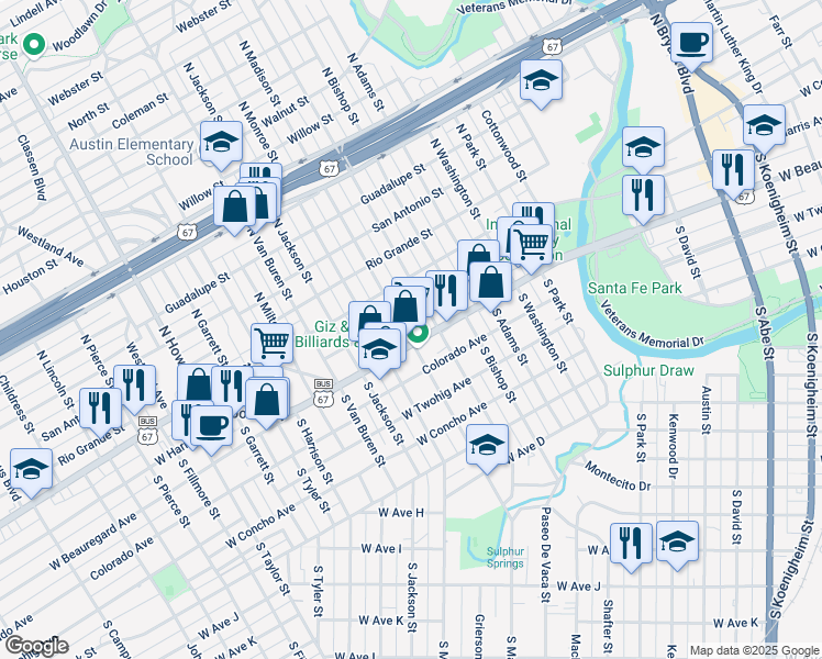 map of restaurants, bars, coffee shops, grocery stores, and more near 14 South Madison Street in San Angelo