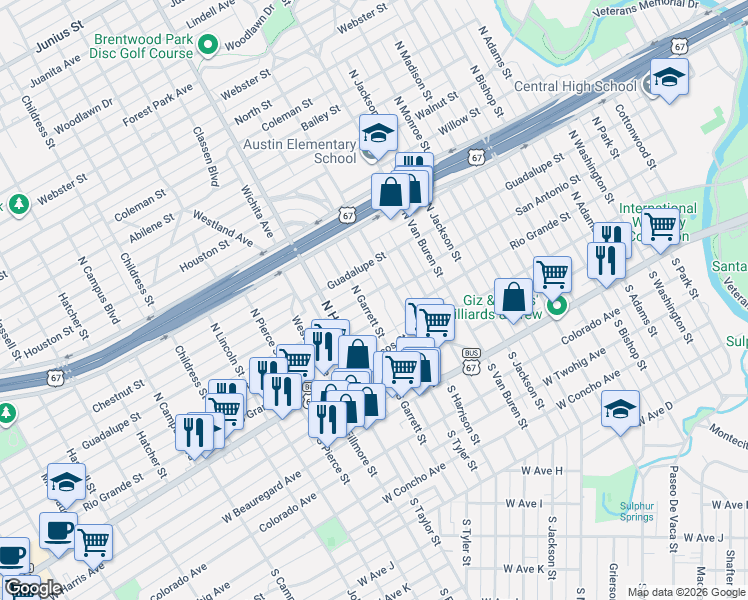 map of restaurants, bars, coffee shops, grocery stores, and more near 1920 San Antonio Street in San Angelo
