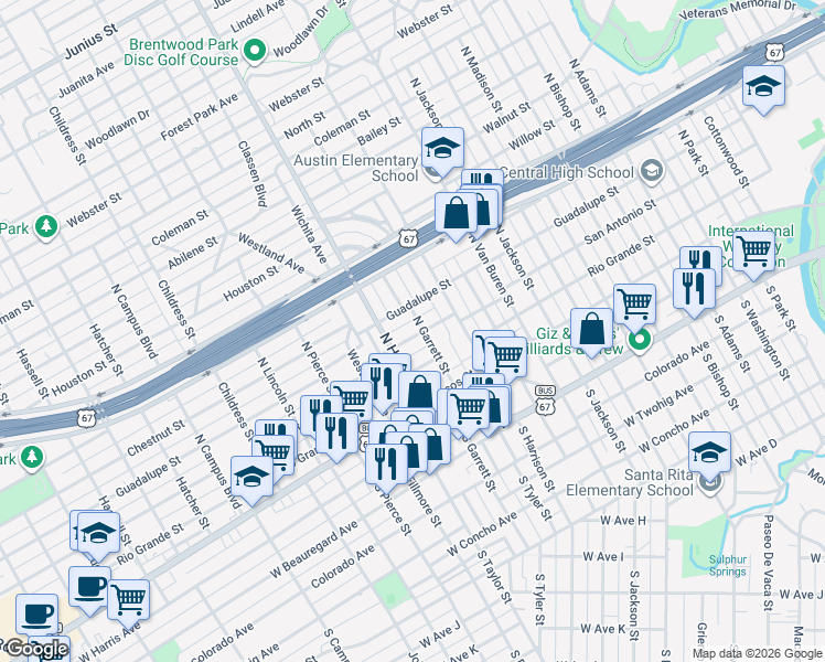 map of restaurants, bars, coffee shops, grocery stores, and more near 2006 San Antonio Street in San Angelo