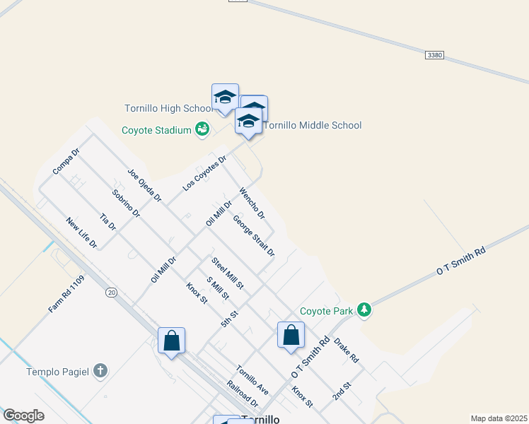 map of restaurants, bars, coffee shops, grocery stores, and more near 18911 Wencho Drive in Tornillo