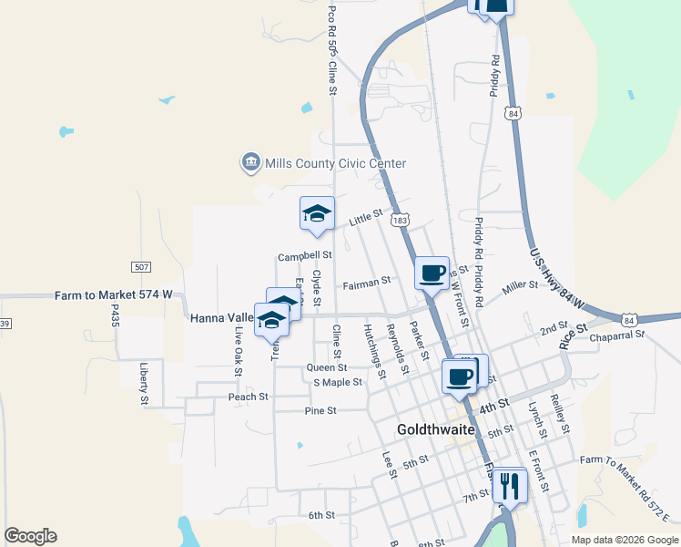 map of restaurants, bars, coffee shops, grocery stores, and more near 1622 Cline Street in Goldthwaite