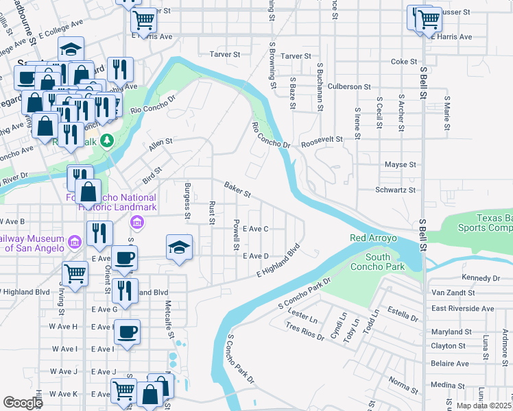 map of restaurants, bars, coffee shops, grocery stores, and more near 601 Parsons Street in San Angelo
