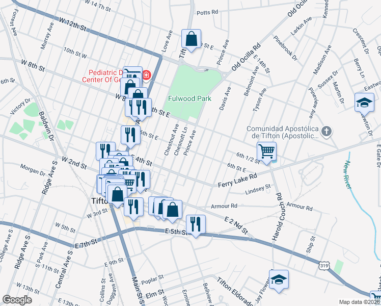 map of restaurants, bars, coffee shops, grocery stores, and more near 420 Prince Avenue in Tifton