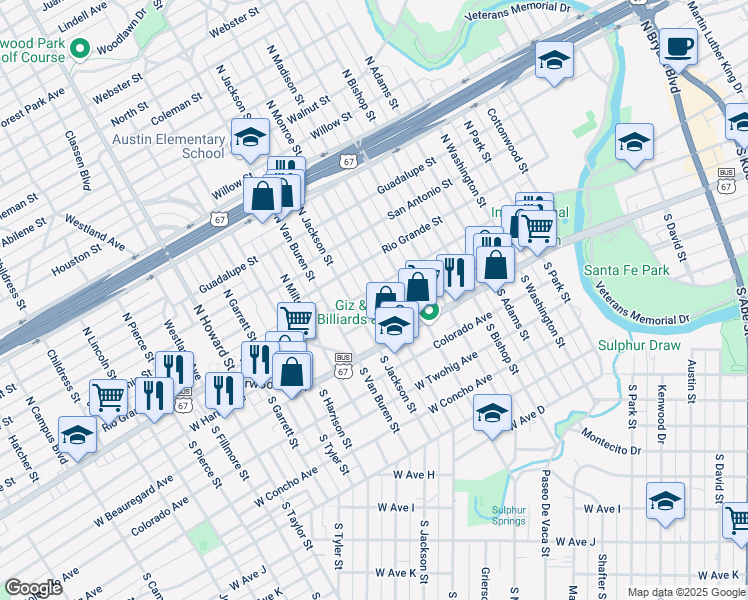 map of restaurants, bars, coffee shops, grocery stores, and more near 15 North Monroe Street in San Angelo