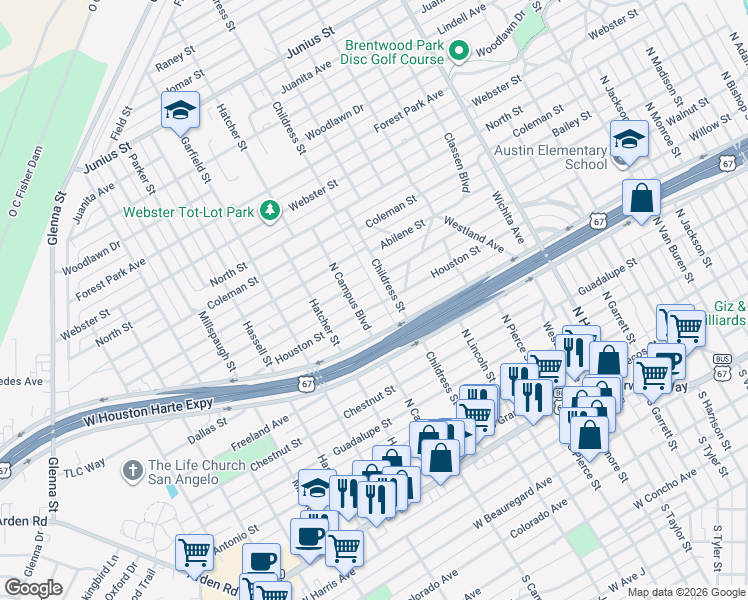 map of restaurants, bars, coffee shops, grocery stores, and more near 2520 Houston Street in San Angelo