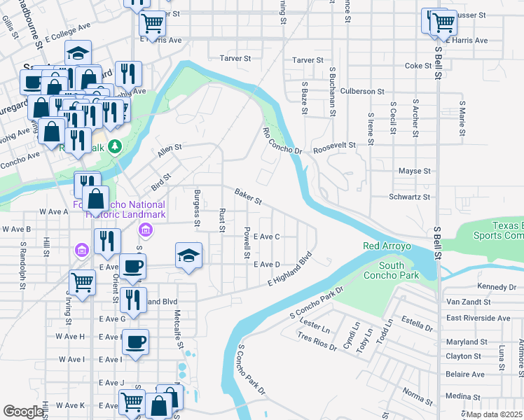 map of restaurants, bars, coffee shops, grocery stores, and more near 621 Baker Street in San Angelo