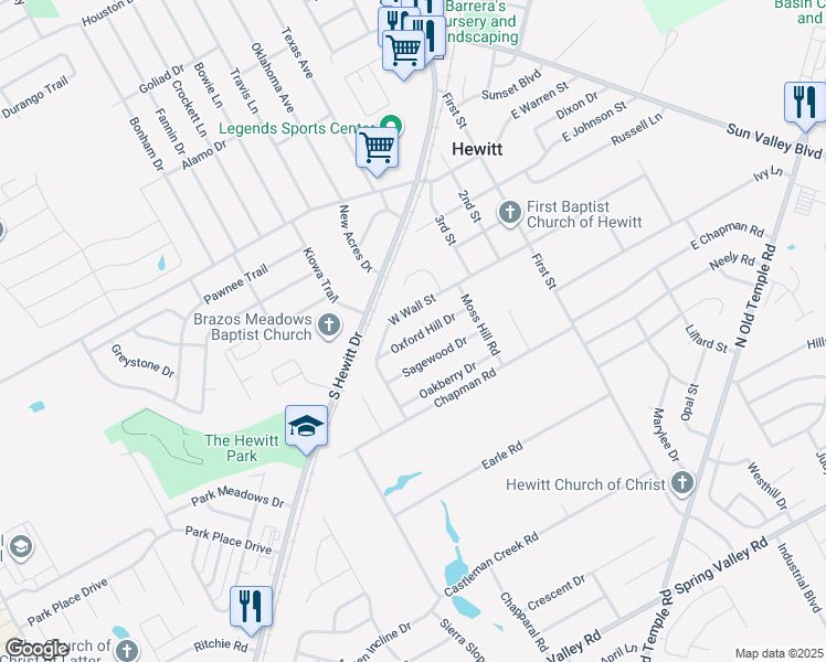 map of restaurants, bars, coffee shops, grocery stores, and more near 428 Oxford Hill Drive in Hewitt
