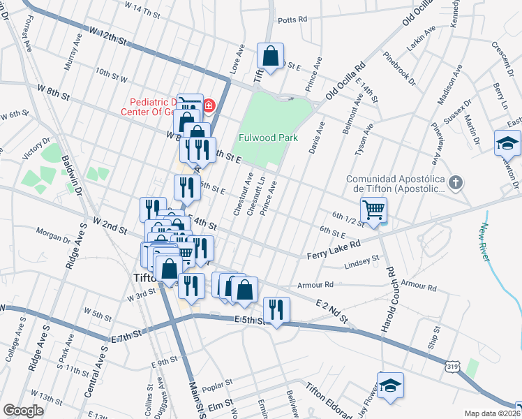 map of restaurants, bars, coffee shops, grocery stores, and more near 420 Prince Avenue in Tifton