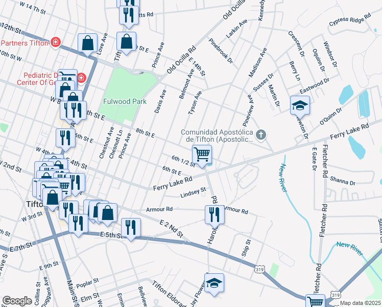 map of restaurants, bars, coffee shops, grocery stores, and more near 902 8th Street East in Tifton