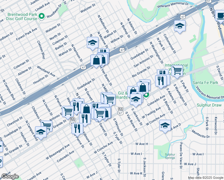 map of restaurants, bars, coffee shops, grocery stores, and more near 1800-1848 Rio Grande Street in San Angelo
