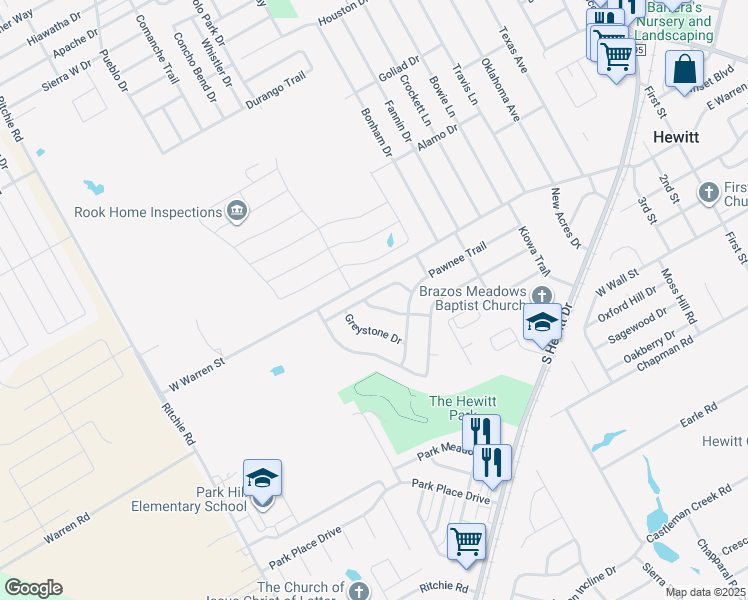 map of restaurants, bars, coffee shops, grocery stores, and more near 628 White Horse Trail in Hewitt