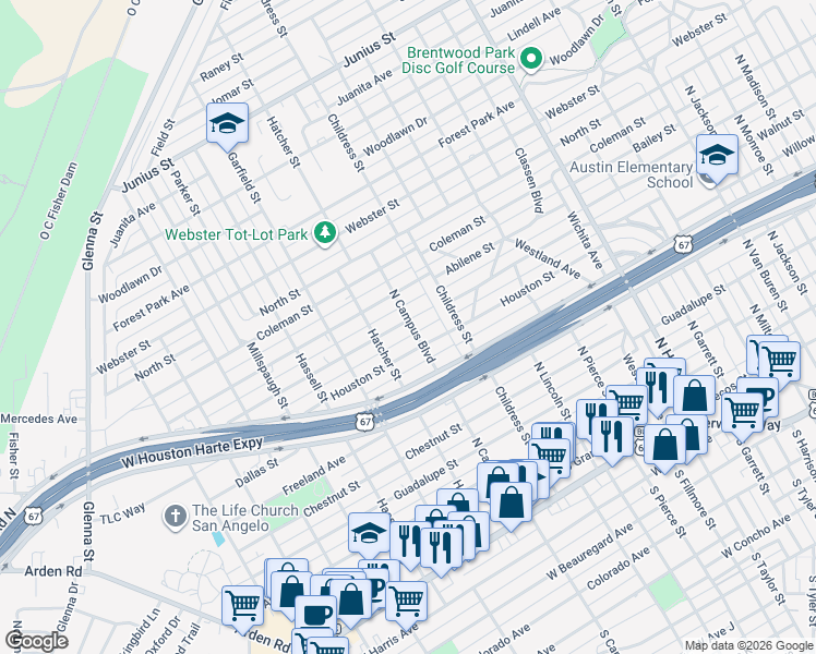 map of restaurants, bars, coffee shops, grocery stores, and more near 2601 Waco Street in San Angelo