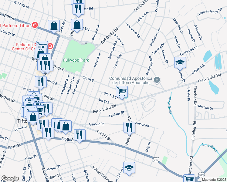 map of restaurants, bars, coffee shops, grocery stores, and more near 902 8th Street East in Tifton