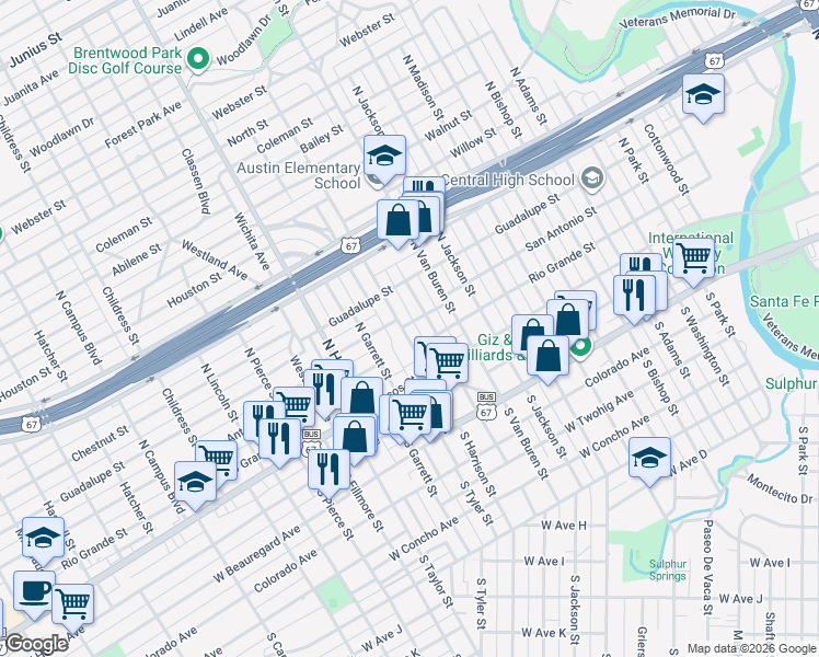 map of restaurants, bars, coffee shops, grocery stores, and more near 218 North Harrison Street in San Angelo