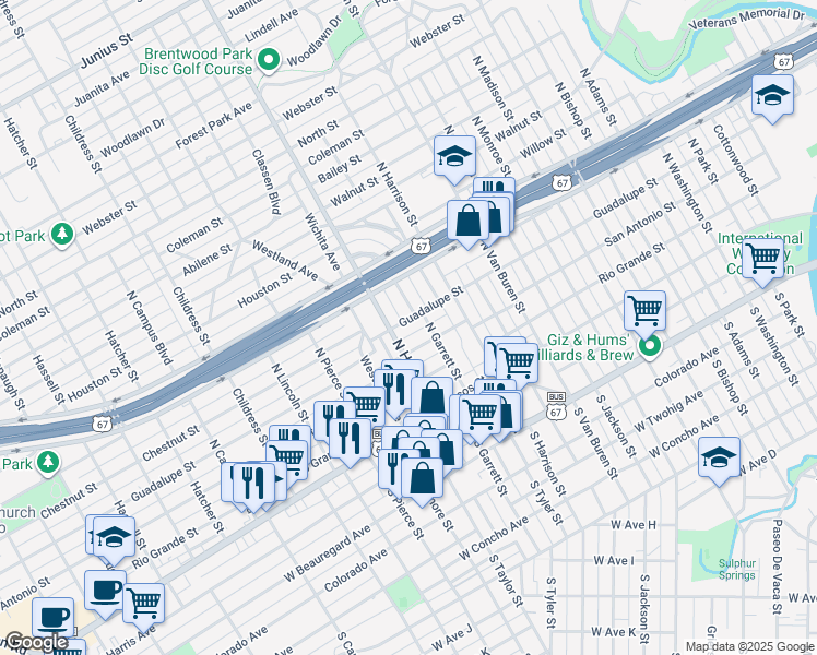 map of restaurants, bars, coffee shops, grocery stores, and more near 2015 Guadalupe Street in San Angelo
