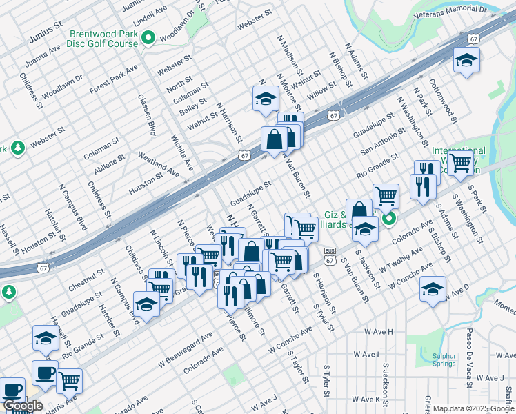 map of restaurants, bars, coffee shops, grocery stores, and more near 1920 San Antonio Street in San Angelo