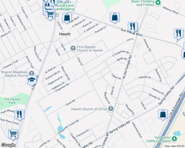 map of restaurants, bars, coffee shops, grocery stores, and more near 108 Neely Rd in Hewitt