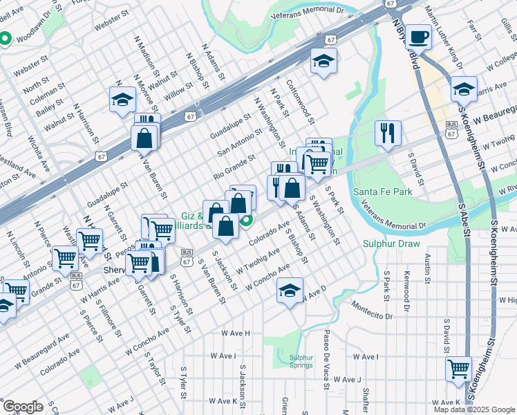 map of restaurants, bars, coffee shops, grocery stores, and more near 14 South Jefferson Street in San Angelo