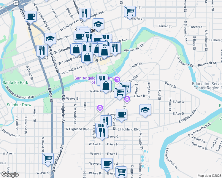 map of restaurants, bars, coffee shops, grocery stores, and more near 18 East Avenue A in San Angelo