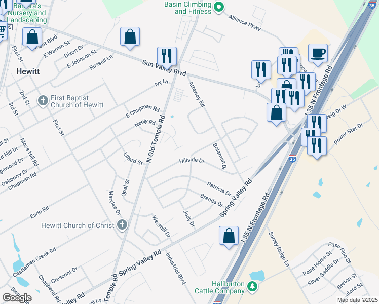 map of restaurants, bars, coffee shops, grocery stores, and more near 604 Crestwood Drive in Hewitt