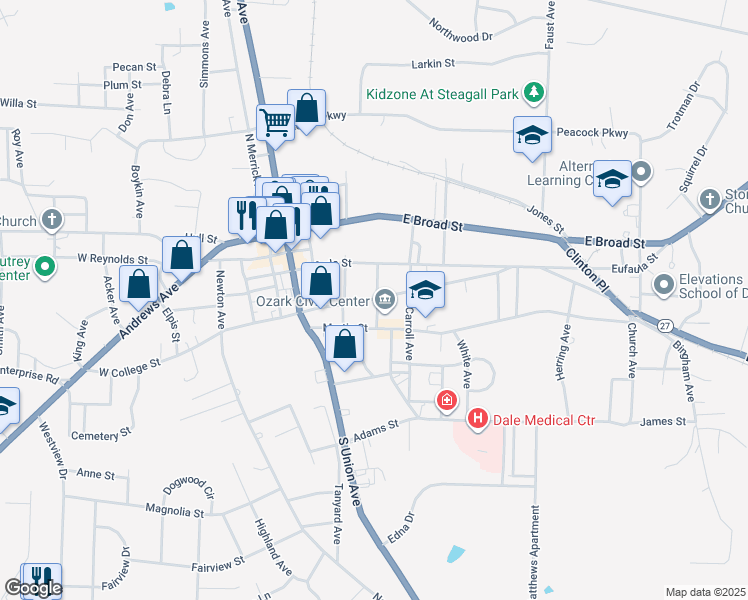 map of restaurants, bars, coffee shops, grocery stores, and more near 200 Dowling Avenue in Ozark