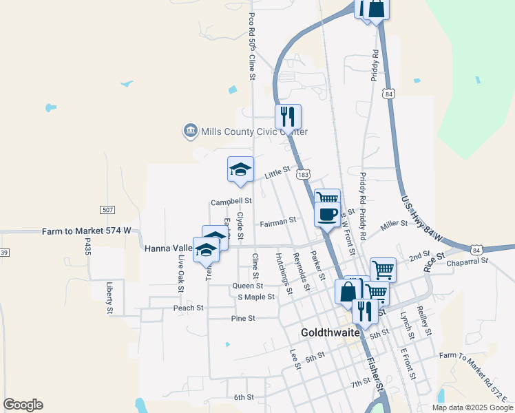 map of restaurants, bars, coffee shops, grocery stores, and more near 1622 Cline Street in Goldthwaite