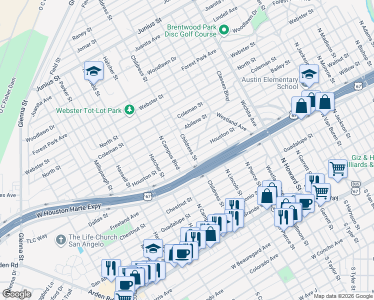 map of restaurants, bars, coffee shops, grocery stores, and more near 2520 Houston Street in San Angelo