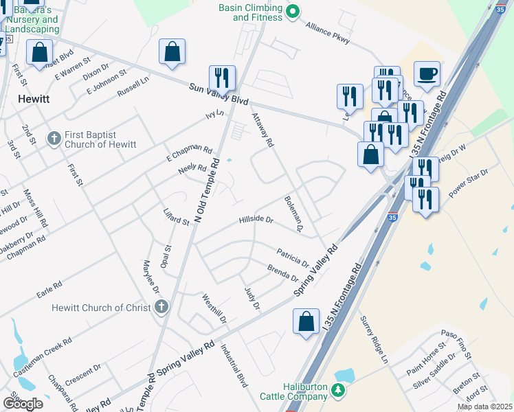 map of restaurants, bars, coffee shops, grocery stores, and more near 604 Crestwood Drive in Hewitt