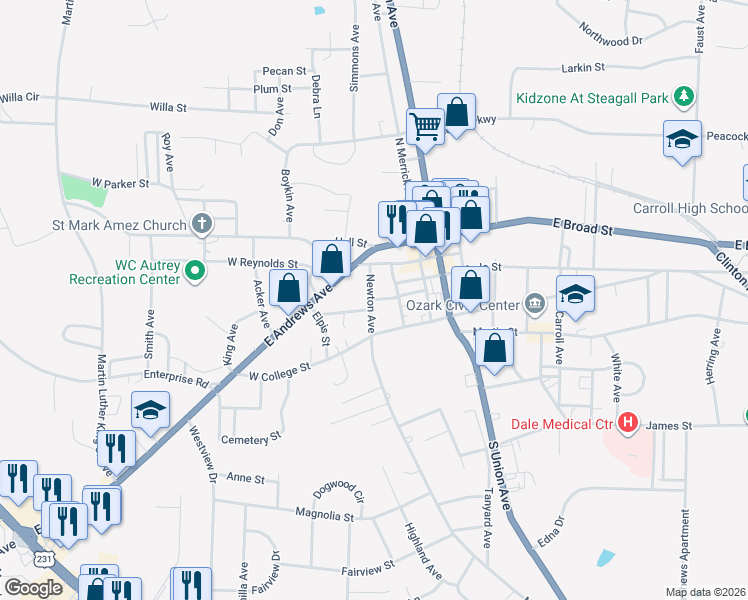 map of restaurants, bars, coffee shops, grocery stores, and more near 311 Owens Street in Ozark