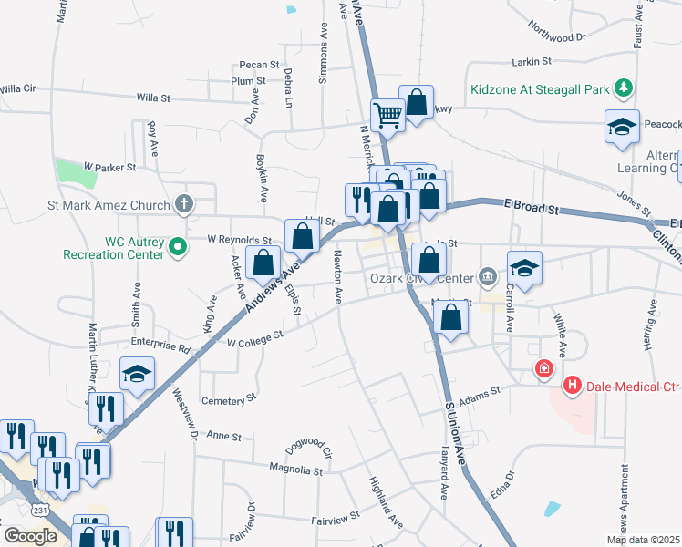 map of restaurants, bars, coffee shops, grocery stores, and more near 311 Owens Street in Ozark