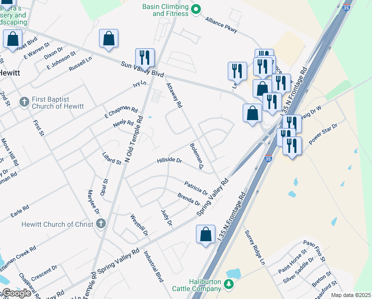 map of restaurants, bars, coffee shops, grocery stores, and more near 621 Crestwood Drive in Hewitt