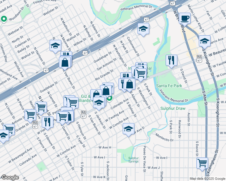 map of restaurants, bars, coffee shops, grocery stores, and more near 14 South Jefferson Street in San Angelo