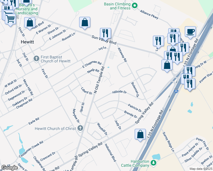 map of restaurants, bars, coffee shops, grocery stores, and more near 213 West Gruver Circle in Hewitt