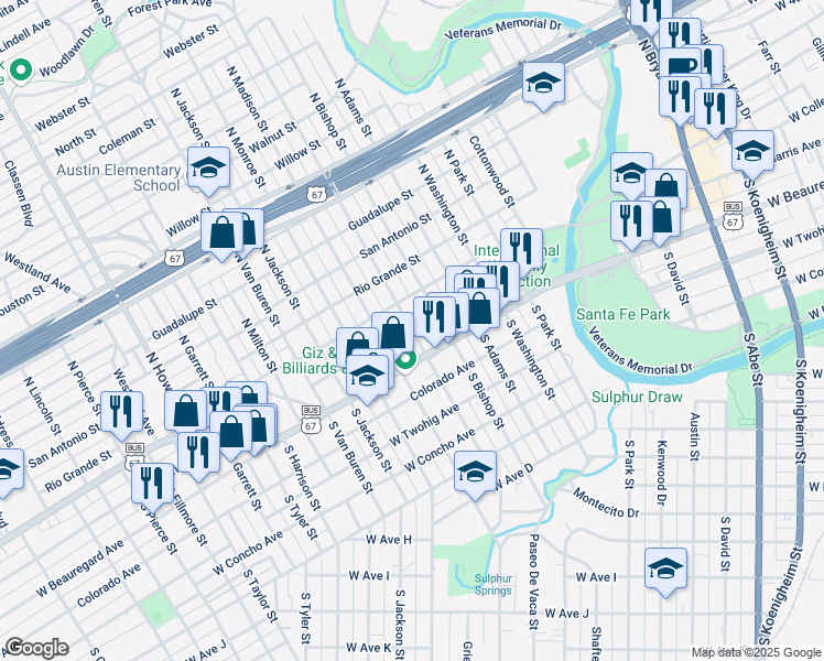 map of restaurants, bars, coffee shops, grocery stores, and more near 3 South Jefferson Street in San Angelo