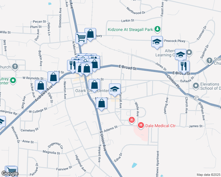 map of restaurants, bars, coffee shops, grocery stores, and more near 200 Dowling Avenue in Ozark