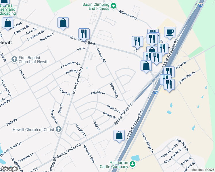 map of restaurants, bars, coffee shops, grocery stores, and more near 621 Crestwood Drive in Hewitt