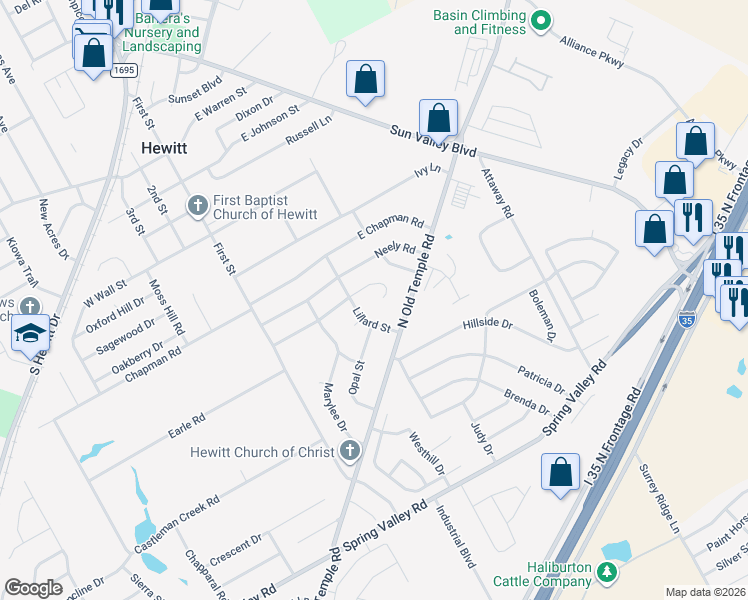 map of restaurants, bars, coffee shops, grocery stores, and more near 323 Whispering Meadows Drive in Hewitt