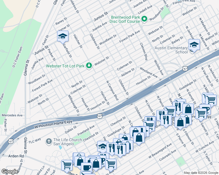 map of restaurants, bars, coffee shops, grocery stores, and more near 2601-2617 Waco Street in San Angelo