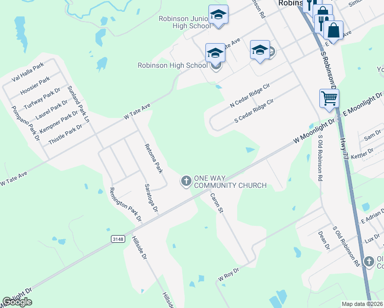 map of restaurants, bars, coffee shops, grocery stores, and more near 828 West Moonlight Drive in Robinson