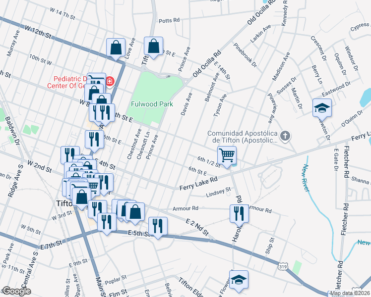 map of restaurants, bars, coffee shops, grocery stores, and more near 608 Belmont Avenue in Tifton